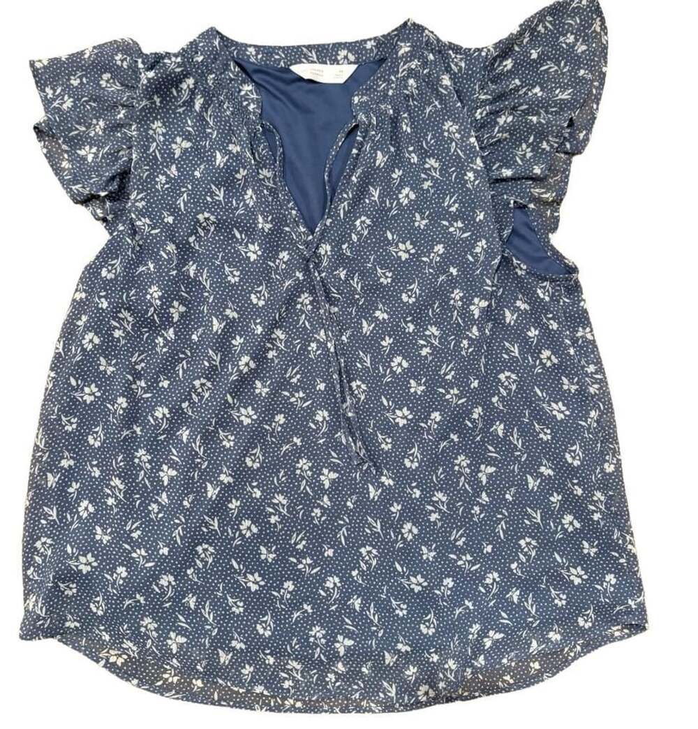 LC Lauren Conrad Blue Floral Dot Flutter Sleeve V-Neck Blouse Size M